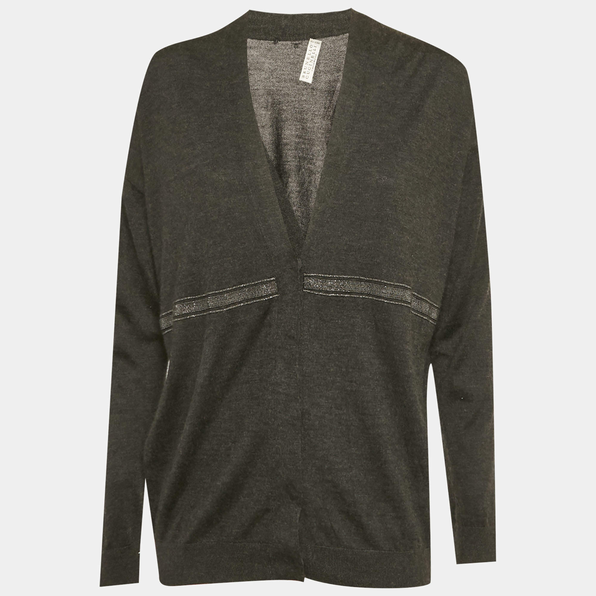 مملوكة مسبقًا Brunello Cucinelli Grey Cashmere Monili Detail Cardigan M