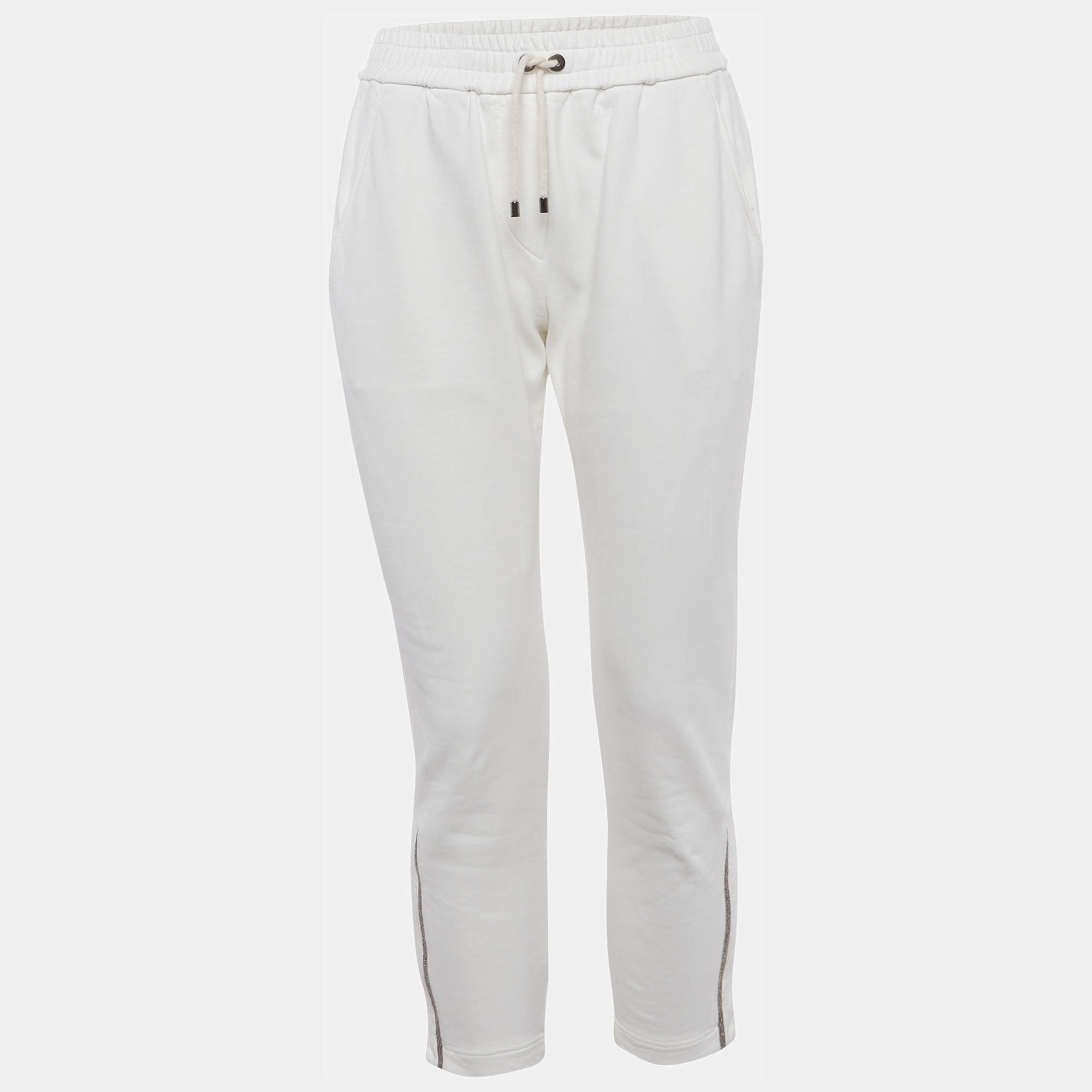 Pre Owned بنطلون برونيلو كوتشينيللي أبيض قطن بتفاصيل مونيلي مقاس صغير