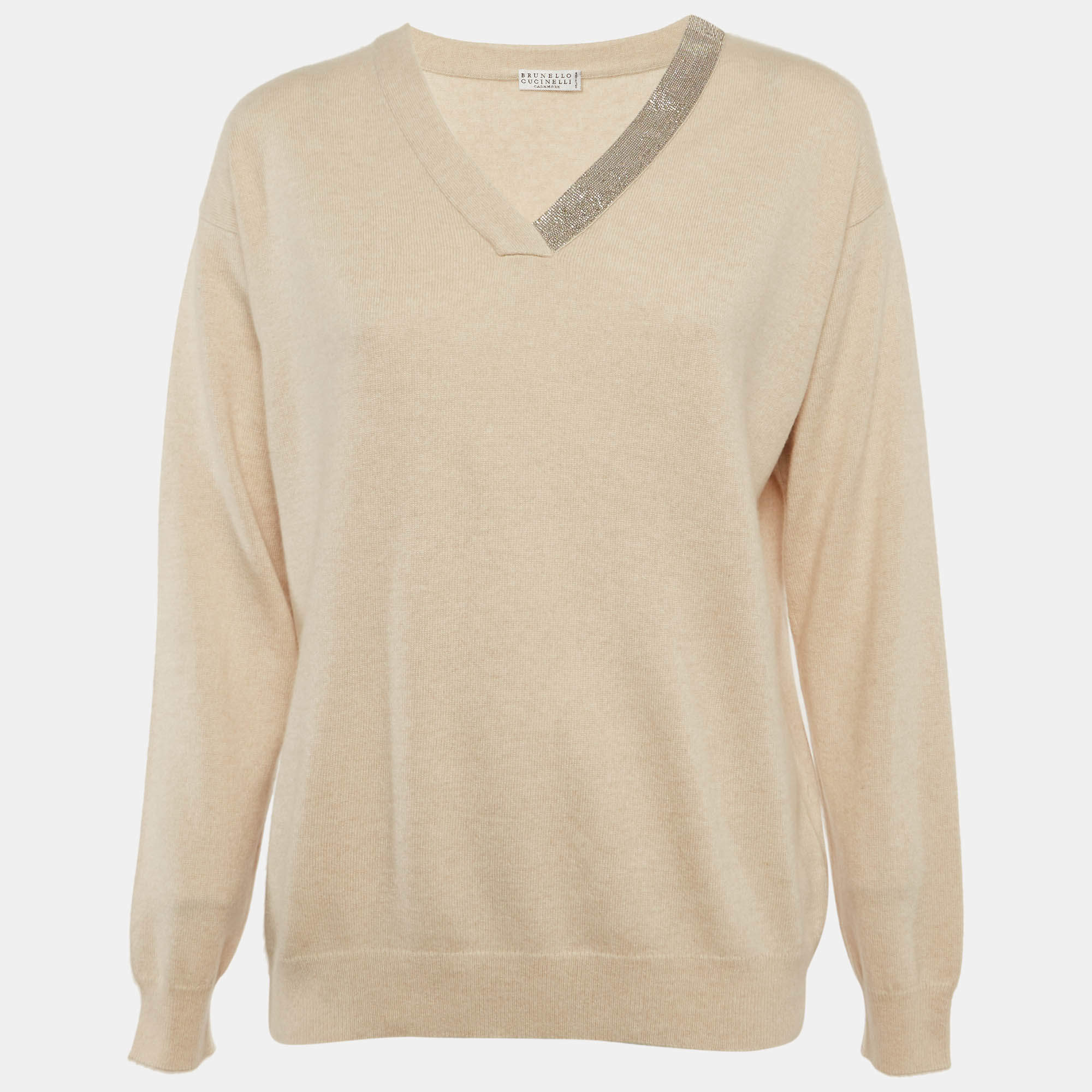 مملوكة مسبقًا Brunello Cucinelli Beige Cashmere Monili V-Neck Sweater M