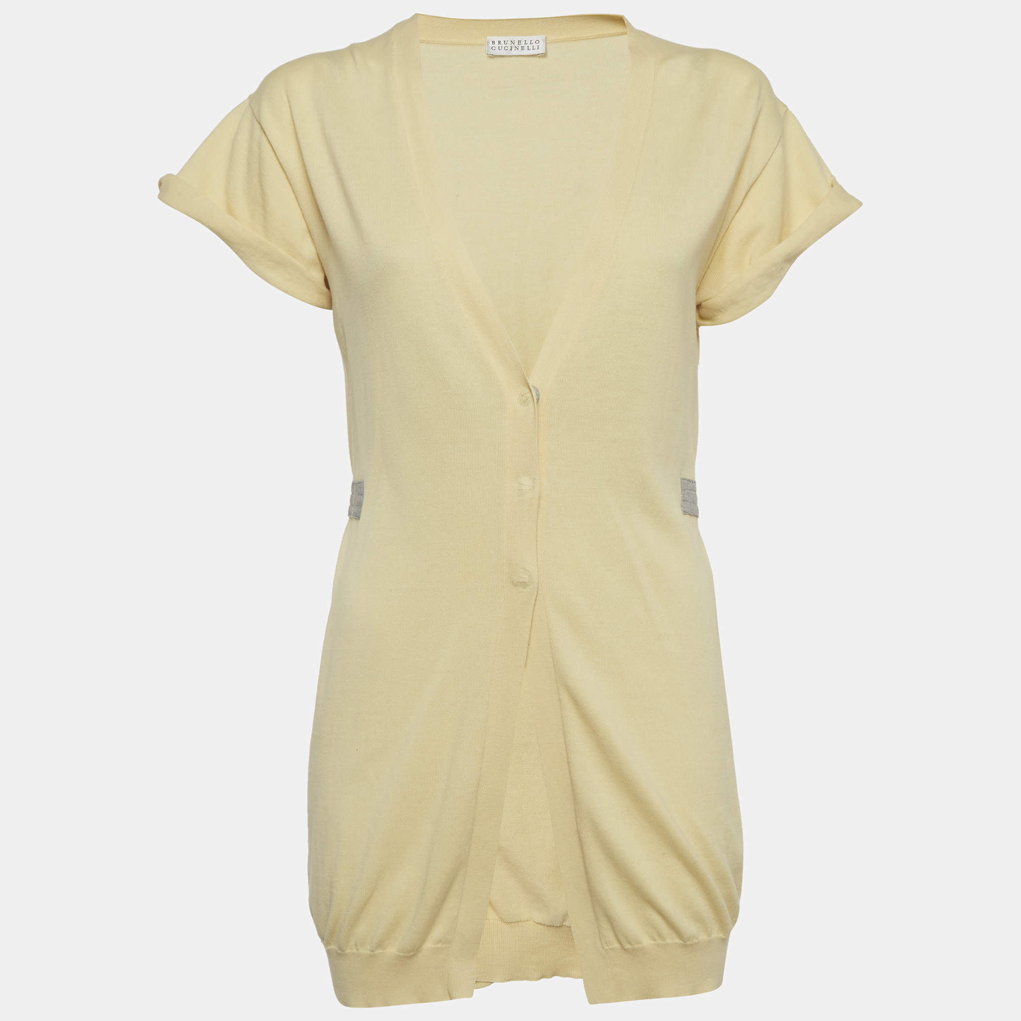 Pre Owned كارديجان طويل محبوك قطني بلون كريمي برونيلو كوتشينيلي مقاس وسط (ميديوم)