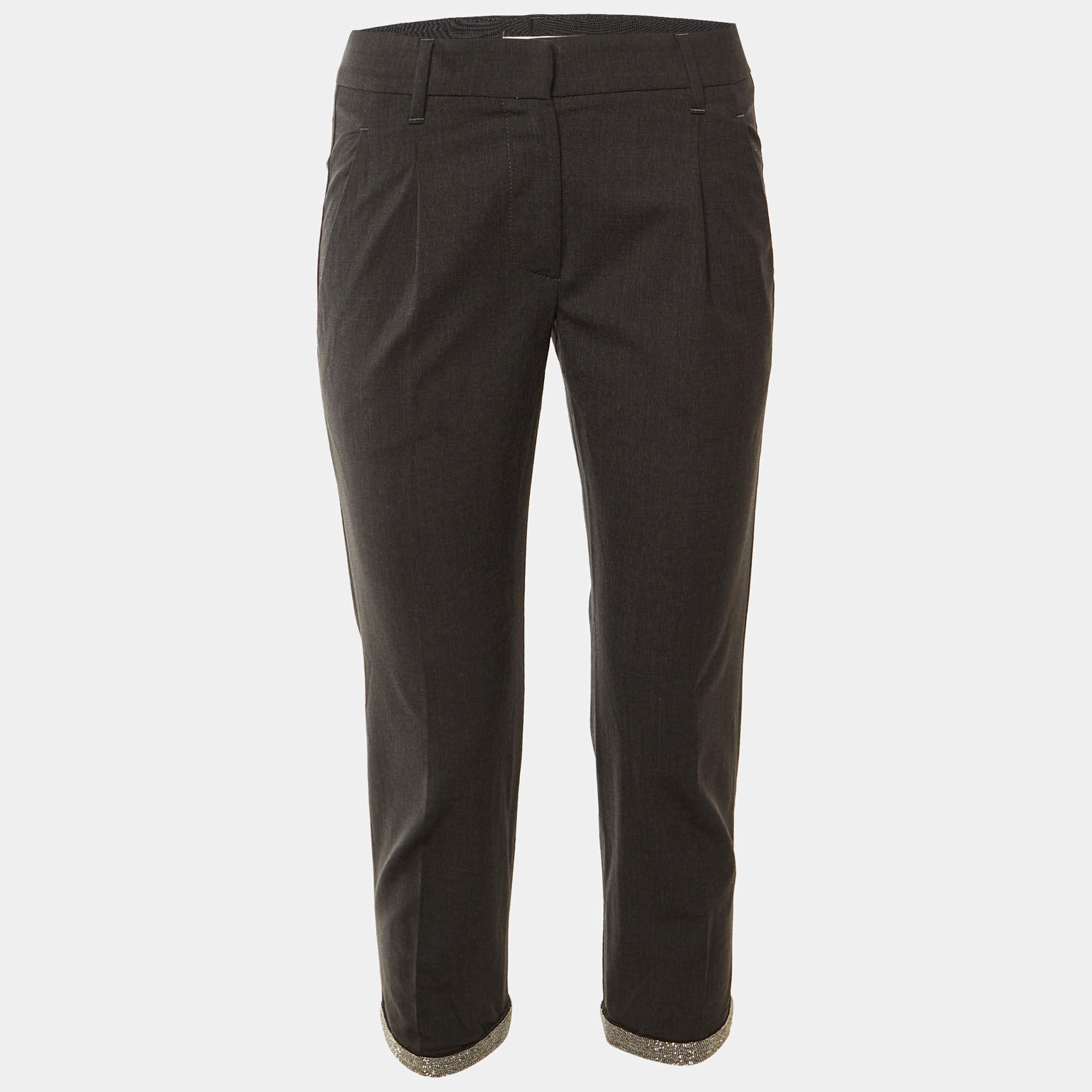 Pre Owned Brunello Cucinelli Dark Grey Wool Monili Embellished Cropped Trousers S