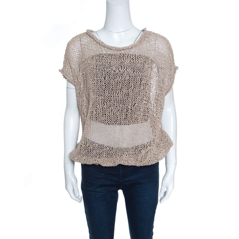 Brunello Cucinelli Brown Faux Suede Open Knit Oversized Top L