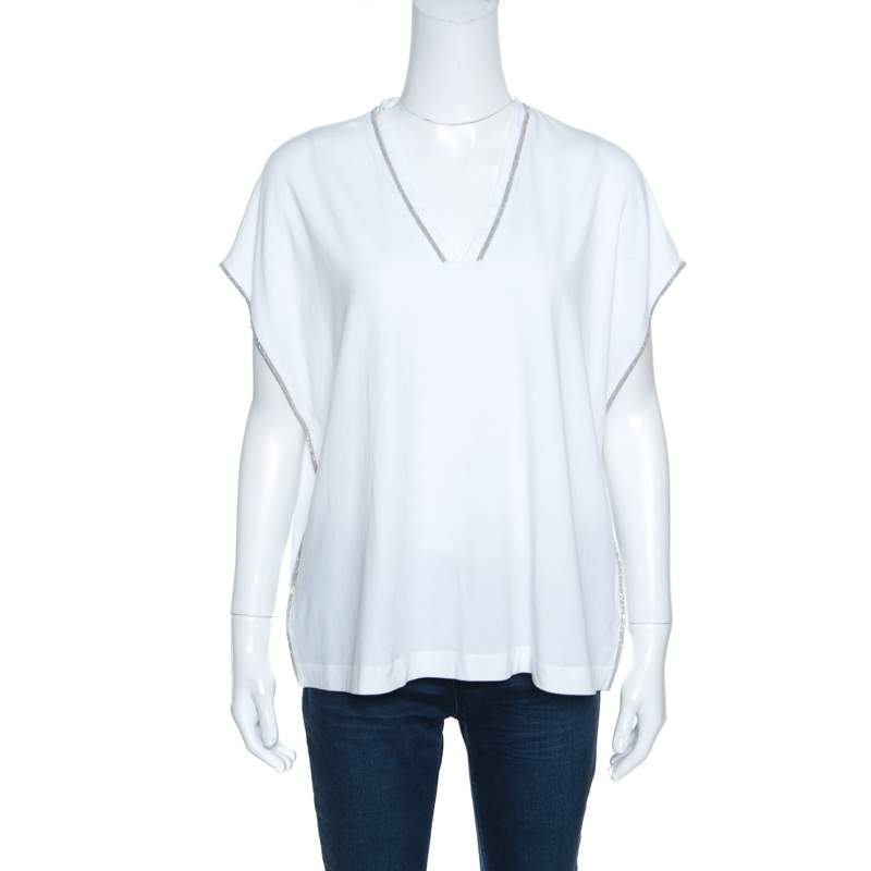 Brunello Cucinelli White Cotton Monili Trim Kaftan Top XXL