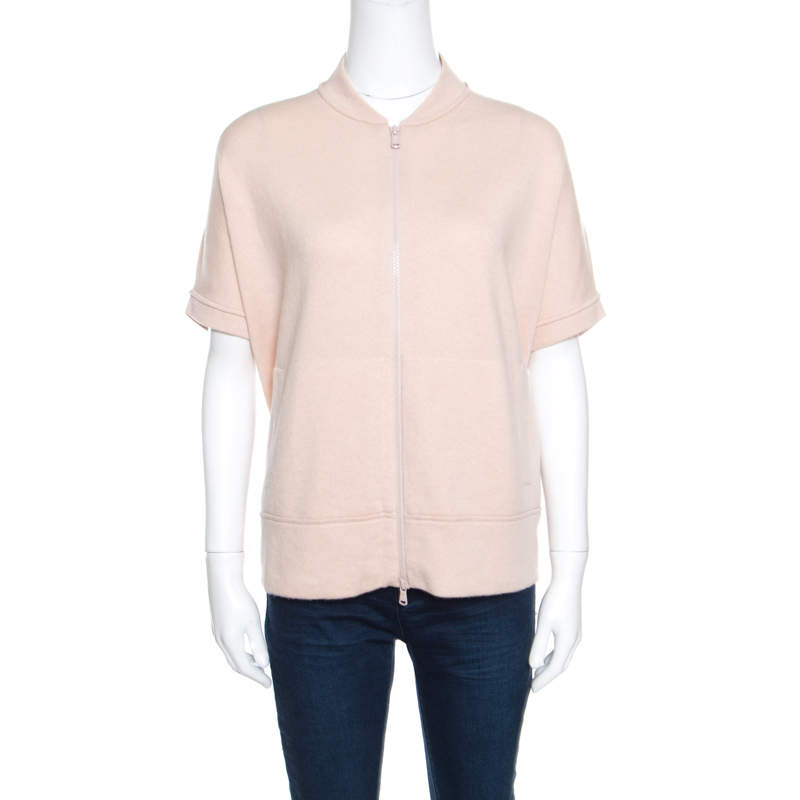 Brunello Cucinelli Blush Pink Cashmere Zip Front Box Sweater XL
