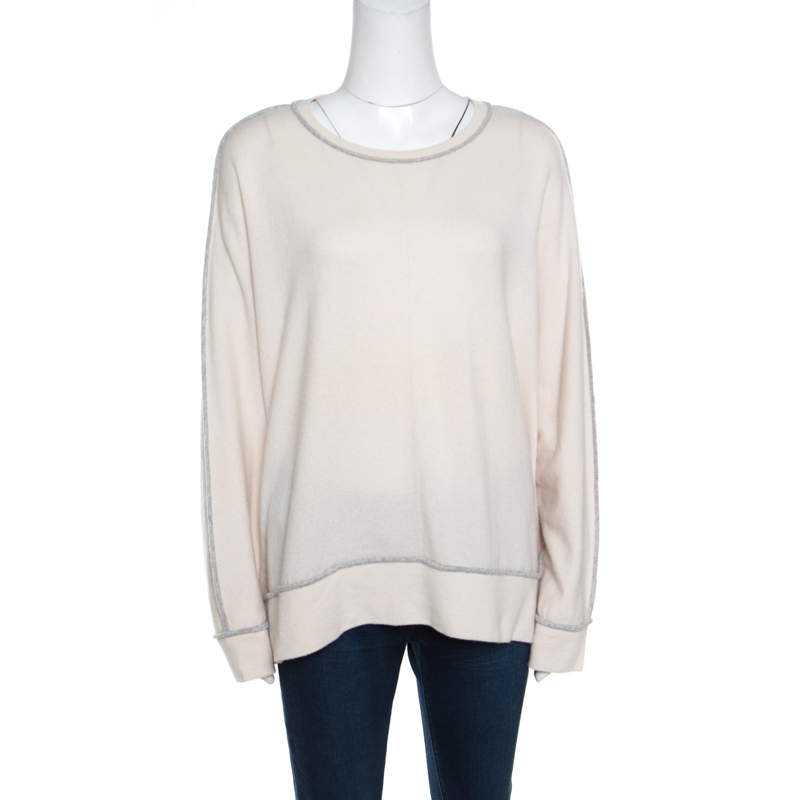 Brunello Cucinelli Cream Cashmere Contrast Piped Dolman Sleeve Sweater XL