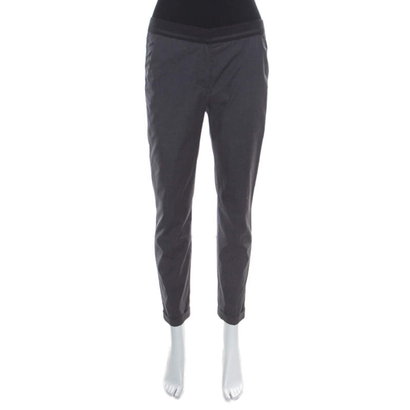 Brunello Cucinelli Dark Grey Cotton Ribbed Waist Trim Cuffed Hem Pants M