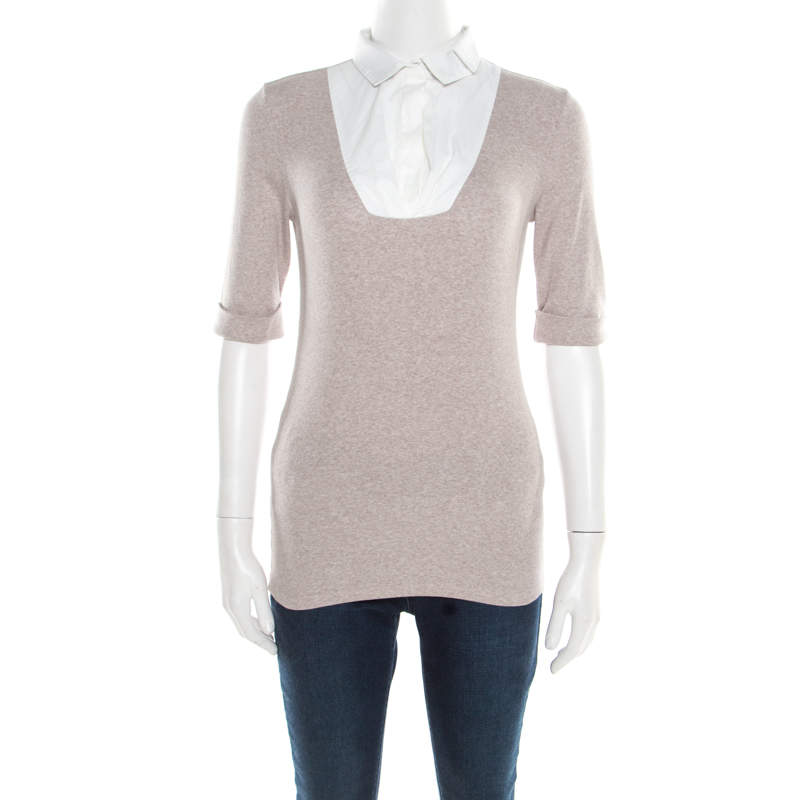 Pre Owned Brunello Cucinelli Beige Collar Yoke Ribbed Sweater Top M