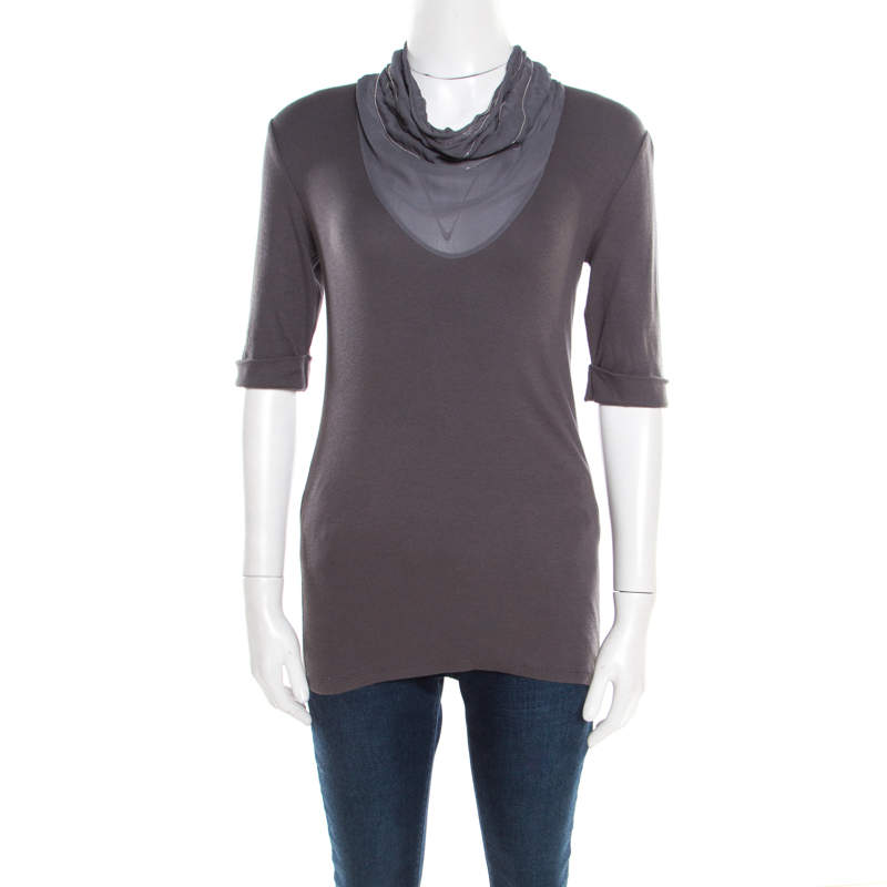 Pre Owned Brunello Cucinelli Dark Grey Cotton Rib Knit Monili Trim Cowl Neck Top XL