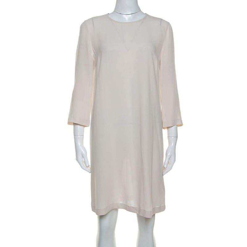 Brunello Cucinelli Cream Silk Beaded Collar Detail Shift Dress M ...