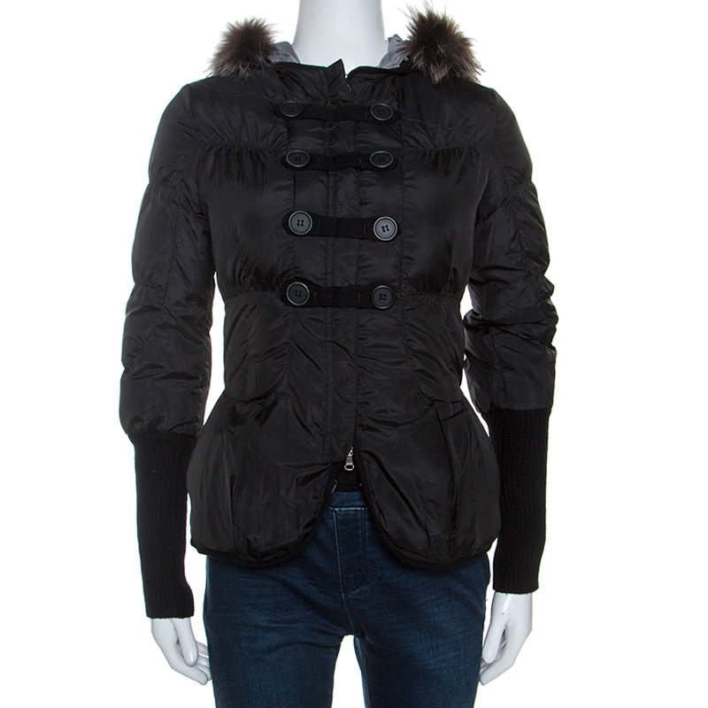Brunello Cucinelli Black Fur Collar Ribbed Trim Peplum Puffer Jacket S