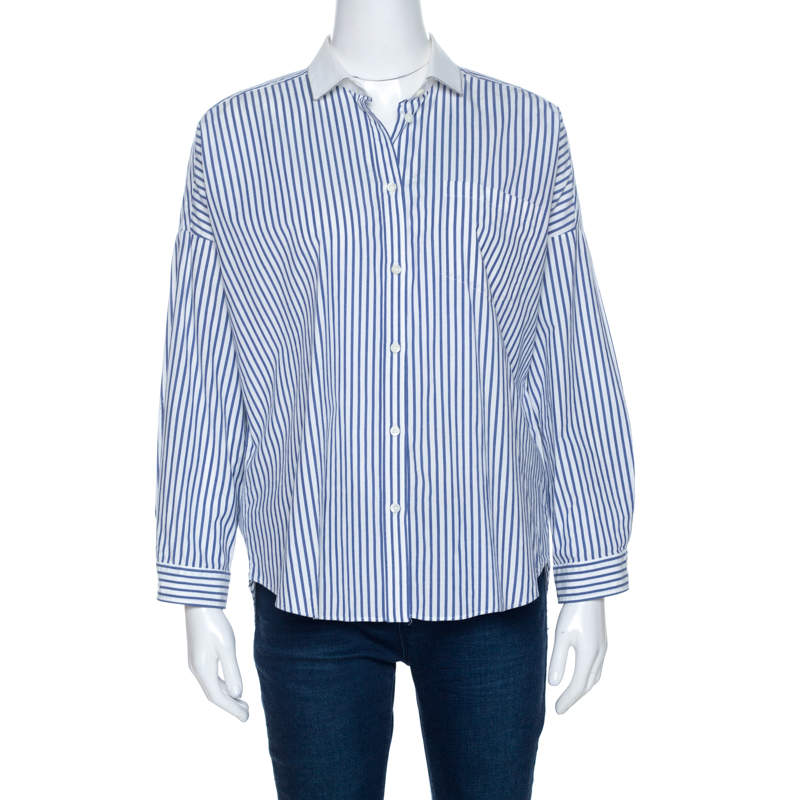 Pre Owned Brunello Cucinelli Bicolor Striped Cotton Beaded Collar Shirt S