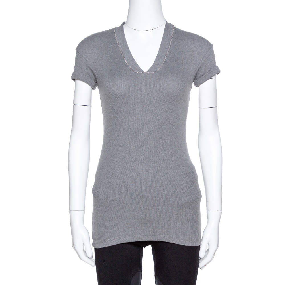 Pre Owned Brunello Cuccinelli Grey Rib Knit Beaded Neck Fitted Top S