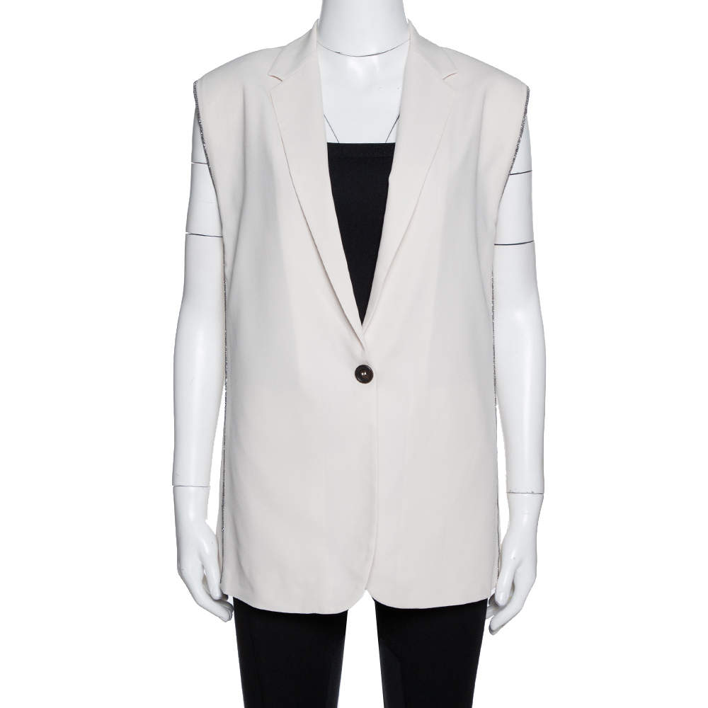 Brunello Cucinelli Ecru Silk Monili Trim Vest M