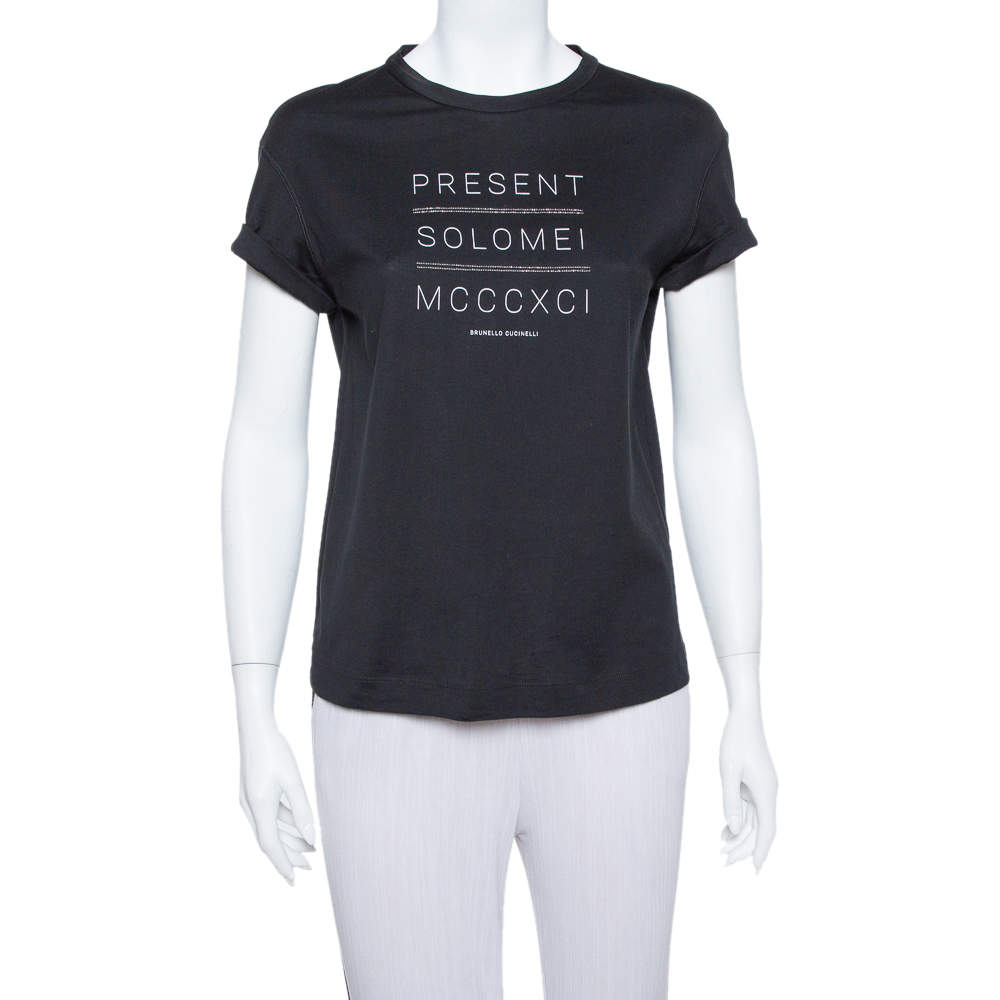 Pre Owned Brunello Cucinelli Black Printed Cotton Crew Neck T-Shirt XS