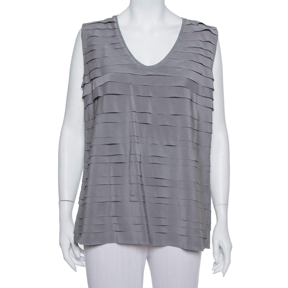Brunello Cucinelli Grey Silk Ruffled Sleeveless Top XXL