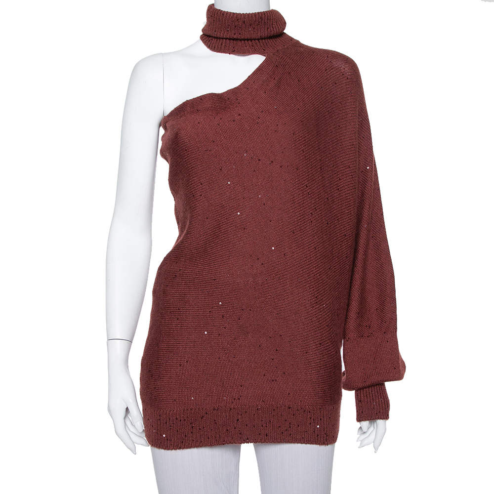 Pre Owned Brunello Cucinelli Burgundy Cashmere & Silk Sequin Embellished Off Shoulder Pullover M
