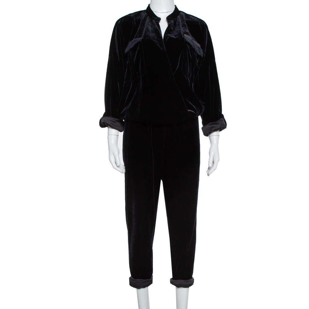 Brunello Cucinelli Black Velvet Faux Wrap Jumpsuit L