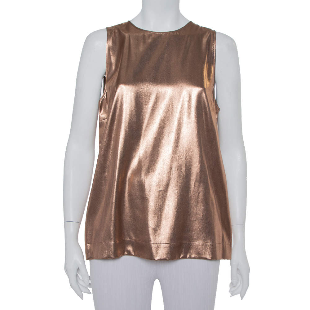 Pre Owned Brunello Cucinelli Metallic Brown Silk Sleeveless Top XXL