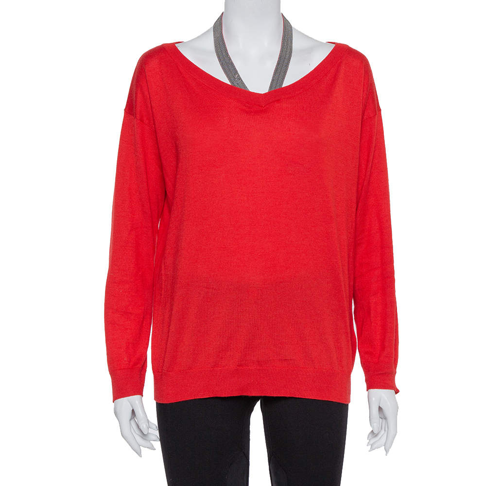 Pre Owned Brunello Cucinelli Red Cashmere & Silk  Embellished Neck Detail Top M
