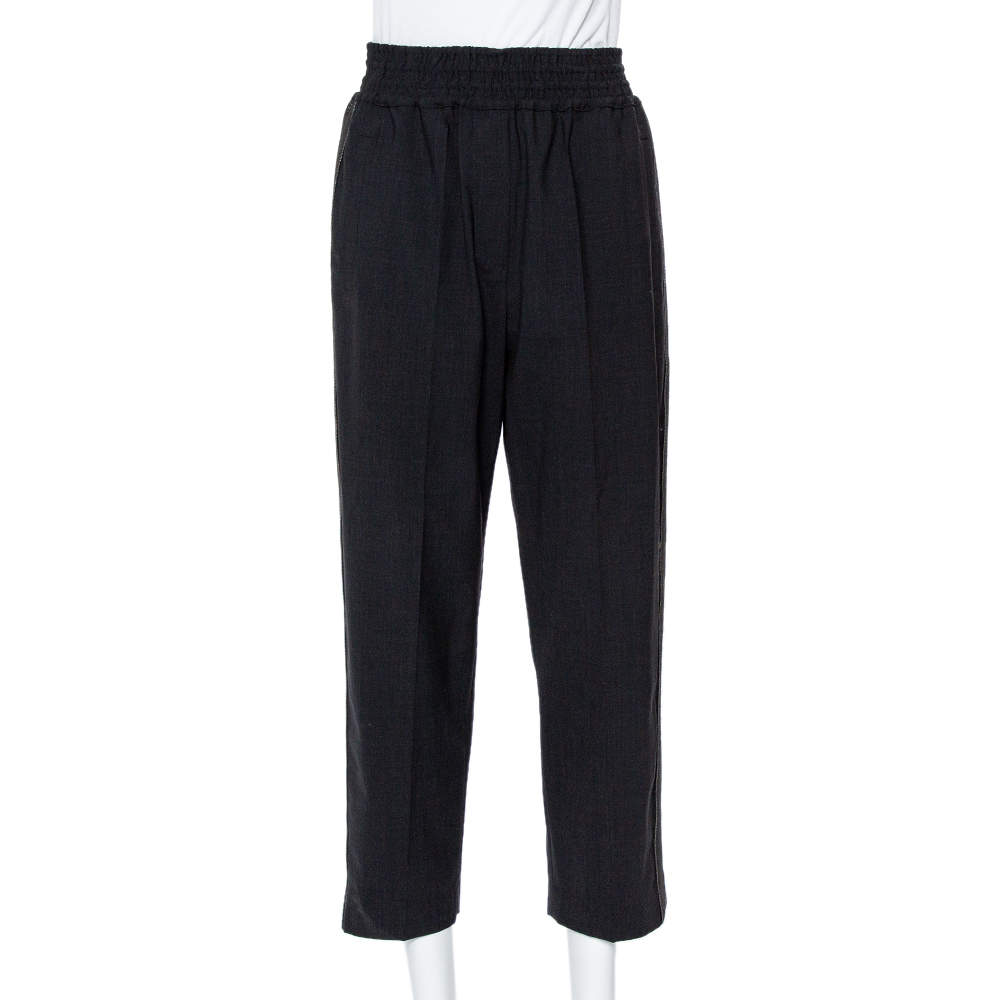 Brunello Cucinelli Black Wool Lurex Trim Elasticized Waist Detail Pants S