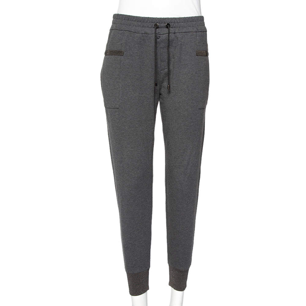 Brunello Cucinelli Grey Cotton Knit Lurex Trim Felpa Joggers XS
