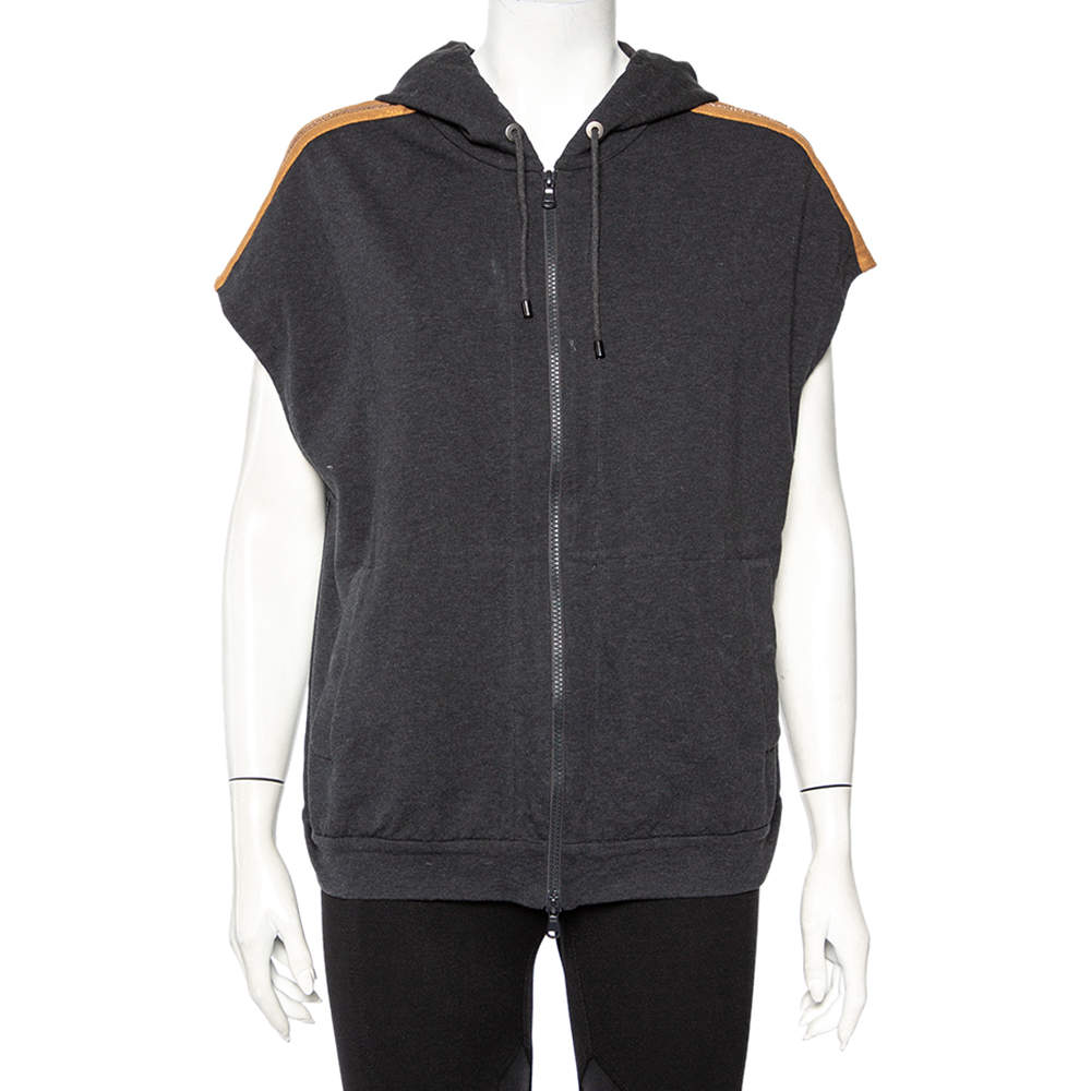 Pre Owned Brunello Cucinelli Grey Cotton Contrast Trim Detail Sleeveless Hoodie XL