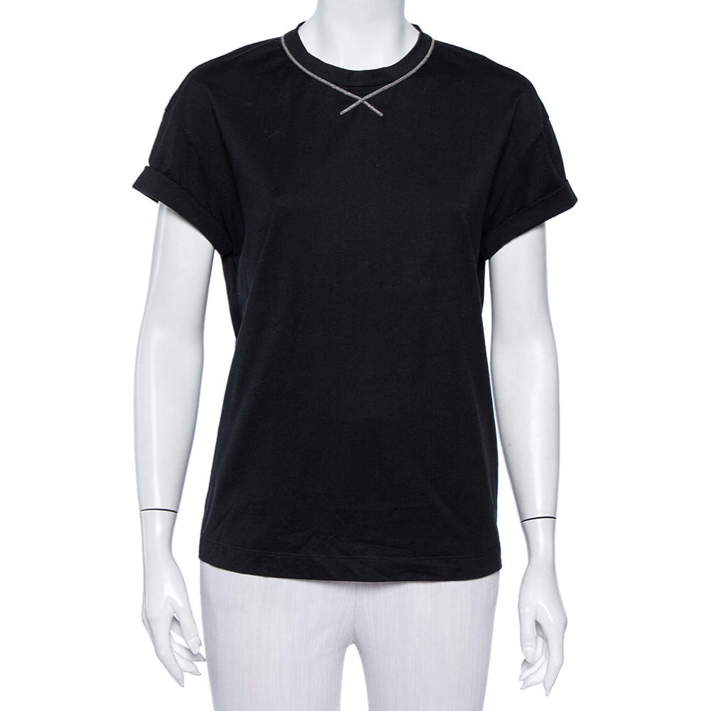 Pre Owned Brunello Cucinelli Black Cotton Emnbellished Neck T-Shirt M