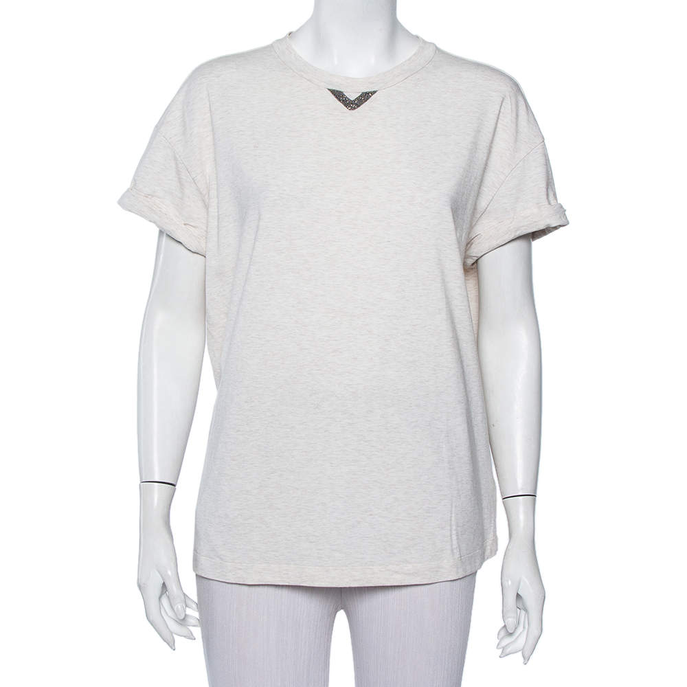 مملوكة مسبقًا Brunello Cucinelli Beige Cotton Neck Trim T-Shirt XXL