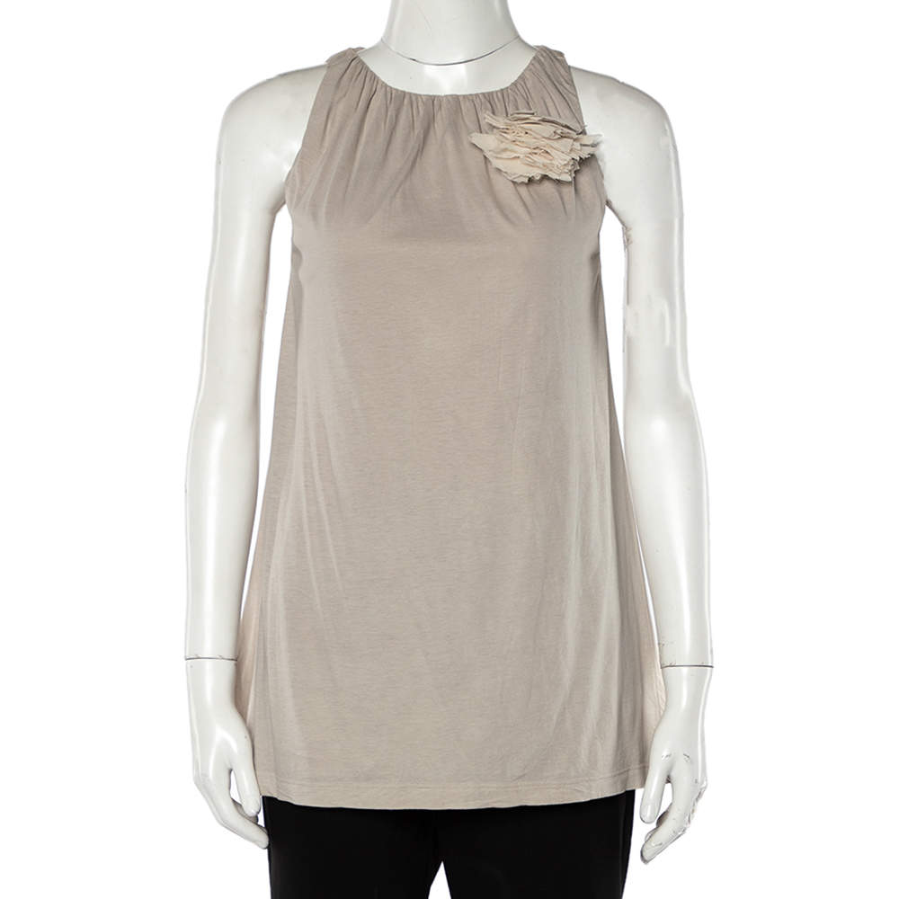 Brunello Cucinelli Beige Cotton Knit Applique Detail Sleeveless Tunic M