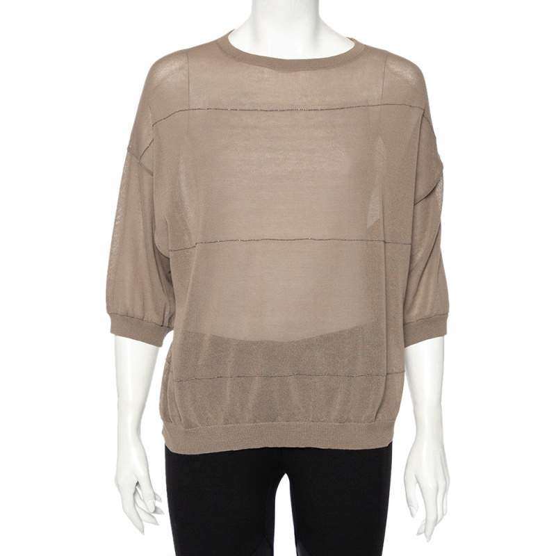 Pre Owned Brunello Cucinelli Light Brown Knit Embellished Detail Oversized Top M 