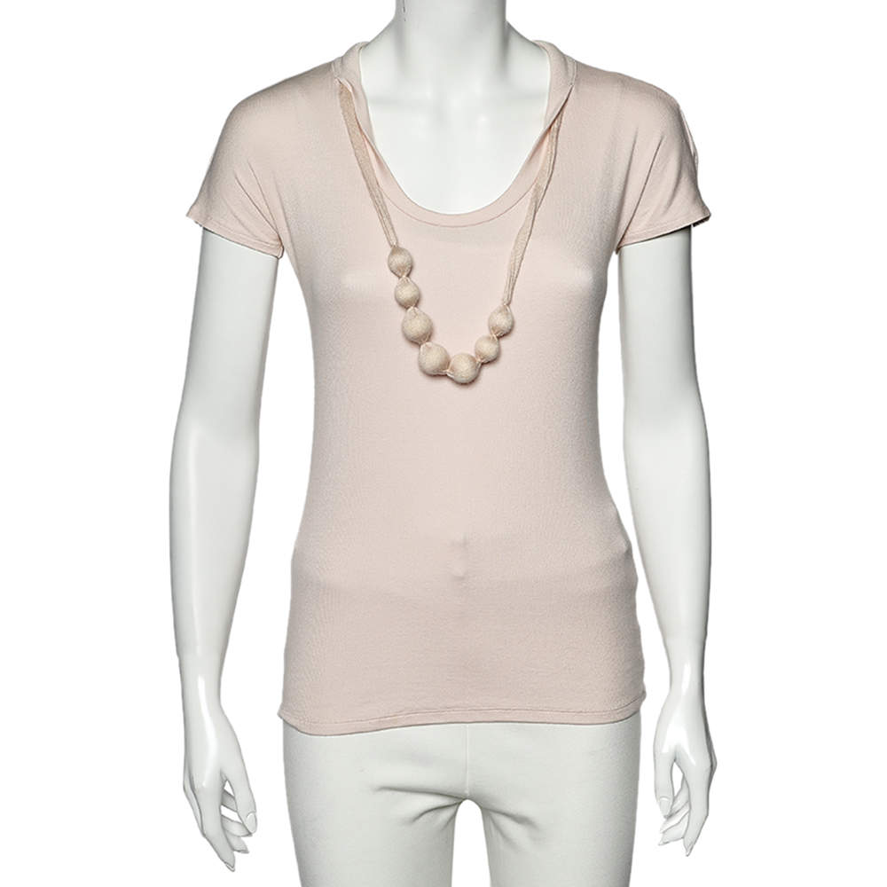 Pre Owned Brunello Cucinelli Pink Cashmere and Cotton Knit Neck Trim Detail T-Shirt L