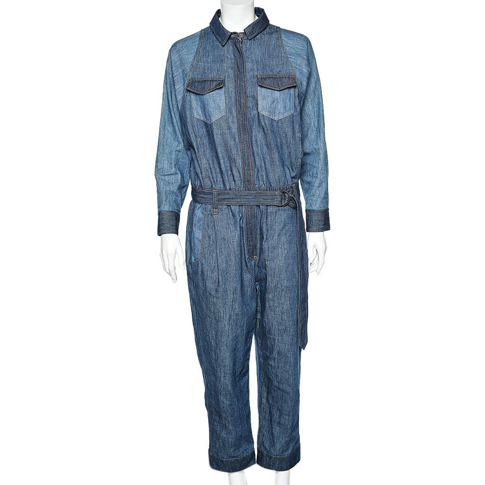 Pre Owned Brunello Cucinelli Navy Blue Denim Embellished Pocket Belted Jumpsuit M