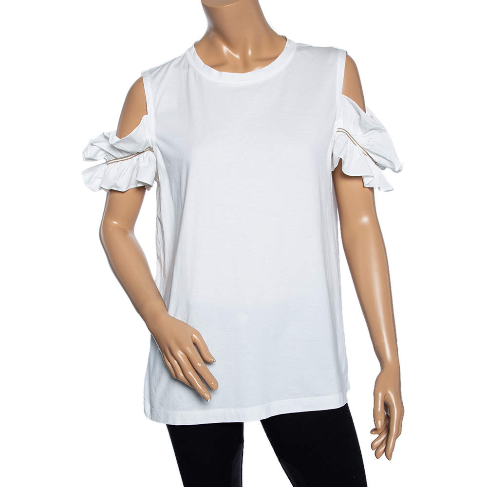 Pre Owned Brunello Cucinelli White Cotton Ruffled Cold Shoulder Detail Top XXL
