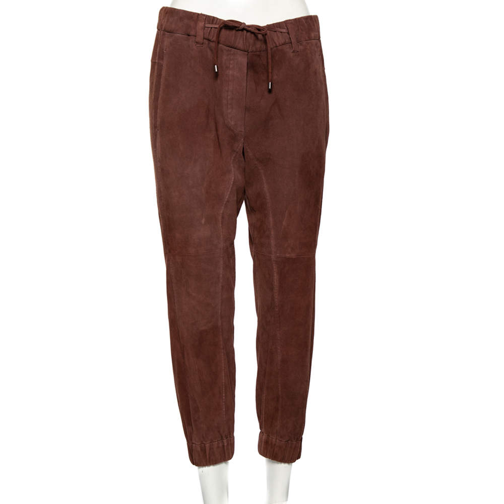 Pre Owned Brunello Cucinelli Brown Suede Elasticized Waist Detailed Pants M