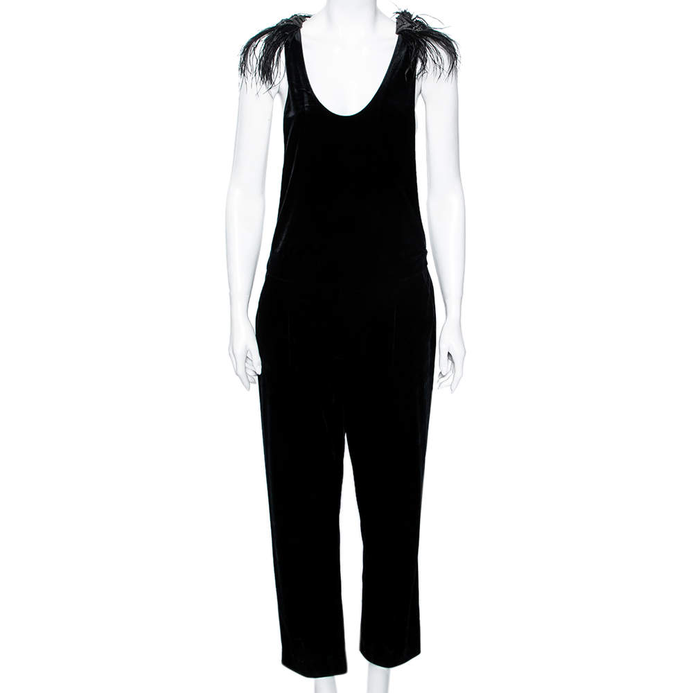 Pre Owned Brunello Cucinelli Black Velvet Feather Embellished Jumpsuit M