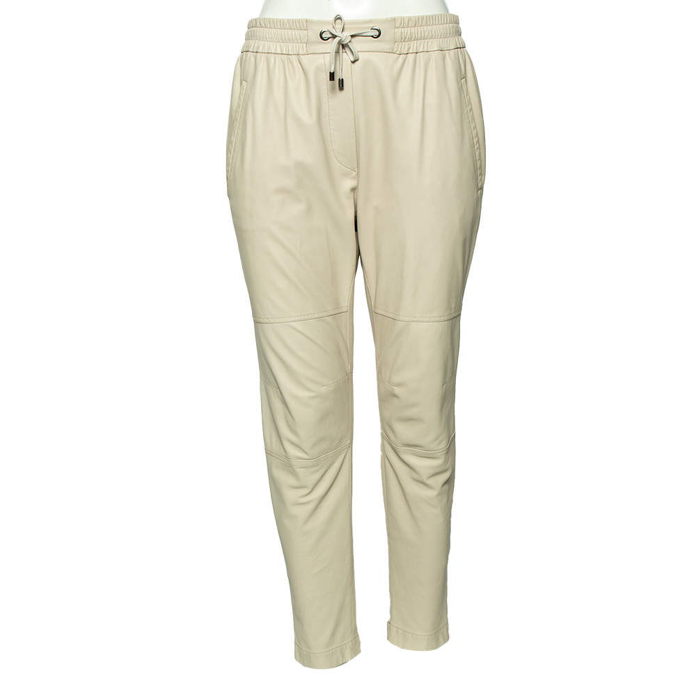 Pre Owned Brunello Cucinelli Beige Leather Drawstring Waist Pants M