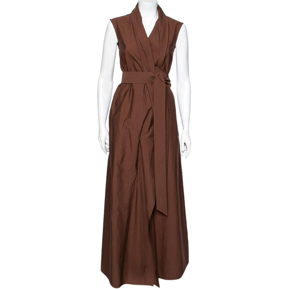 Pre Owned Brunello Cucinelli Brown Cotton Wrap Style Maxi Dress XS