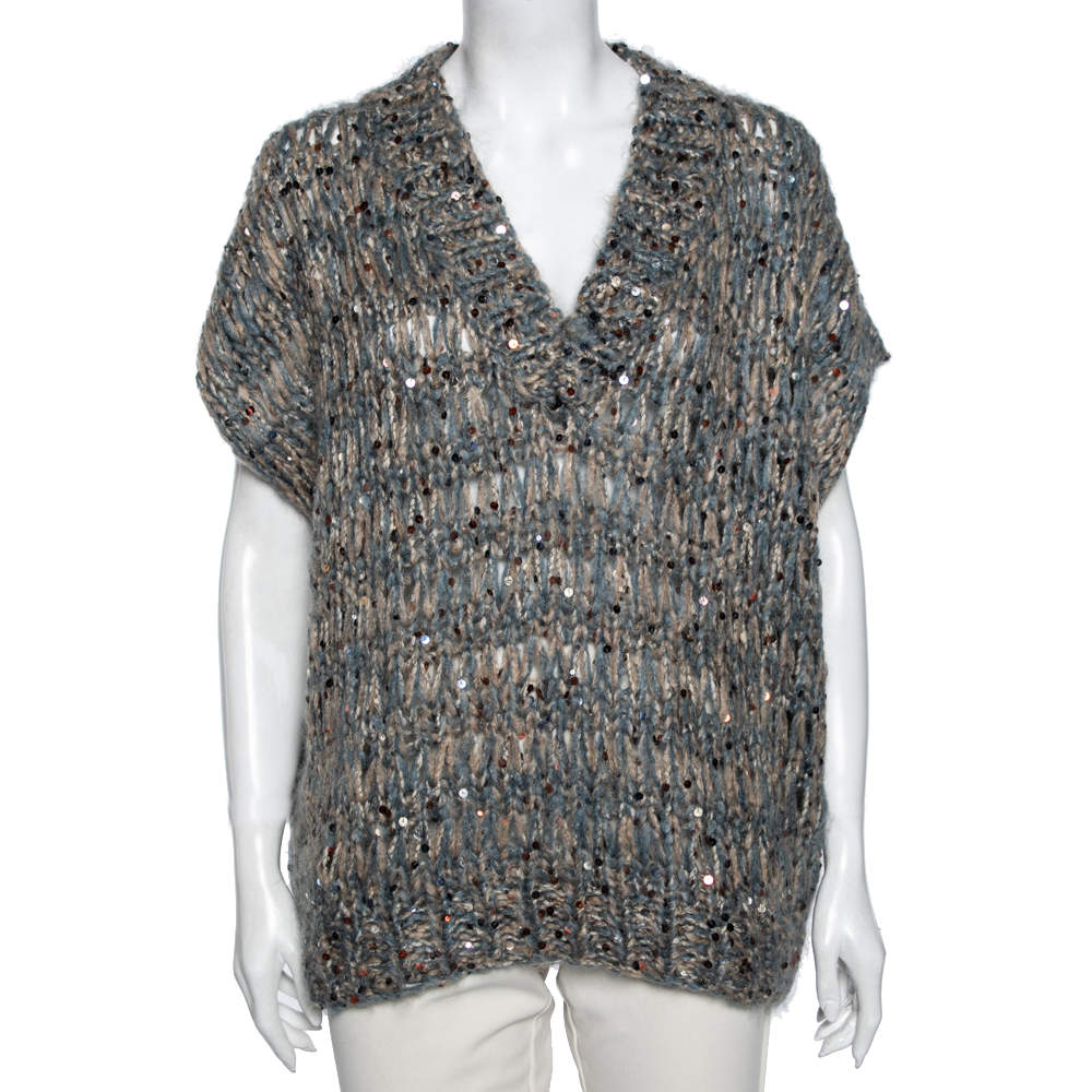 Pre Owned Brunello Cucinelli Blue & Beige Knit Mohair & Sequin Embellished Jumper L