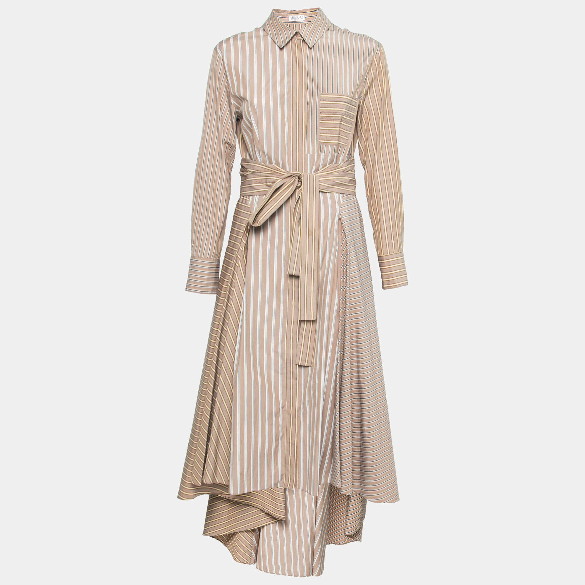 Pre Owned Brunello Cucinelli Brown Striped Cotton Belted Flared Shirtdress M