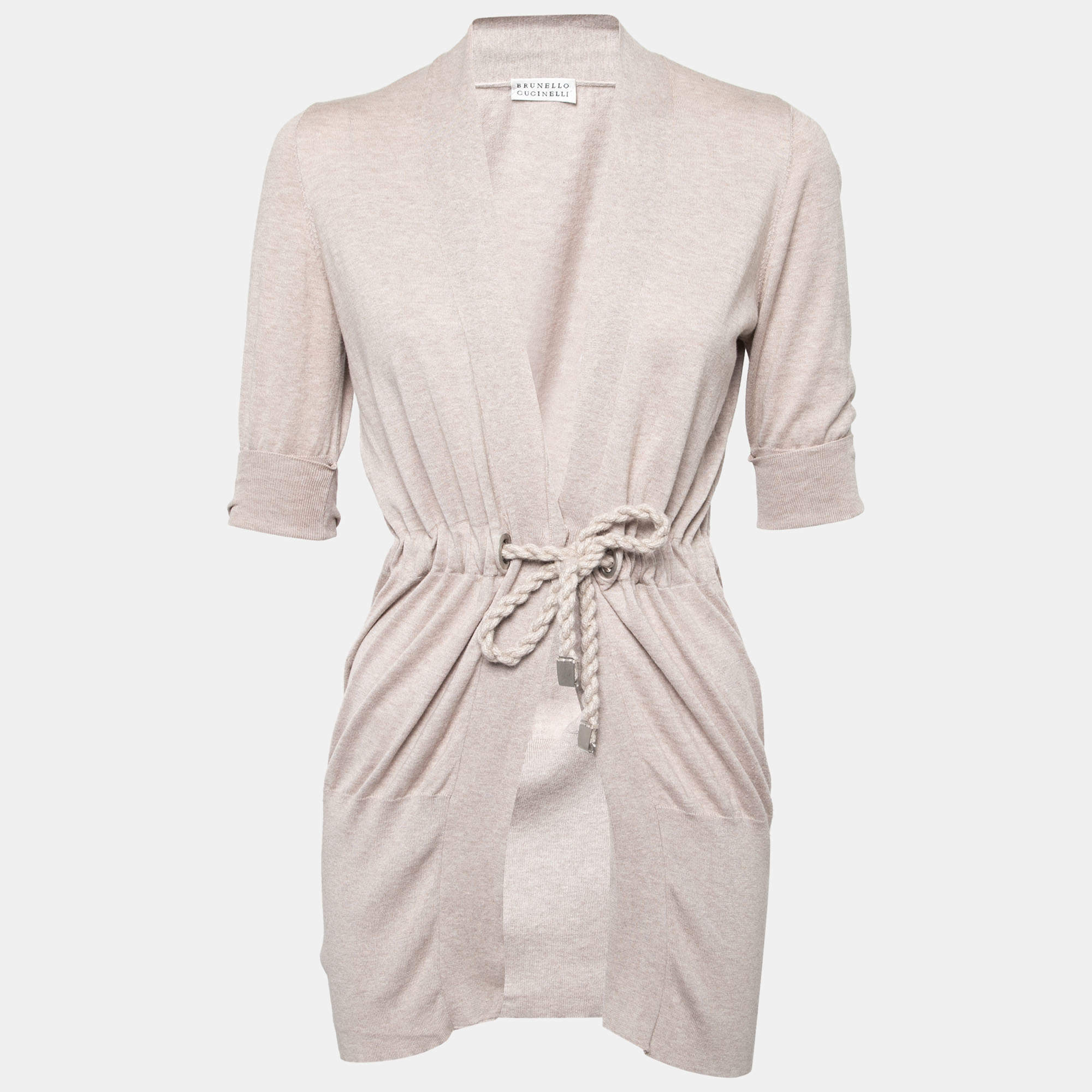 Pre Owned Brunello Cucinelli Beige Cotton Knit Tie Up Cardigan S