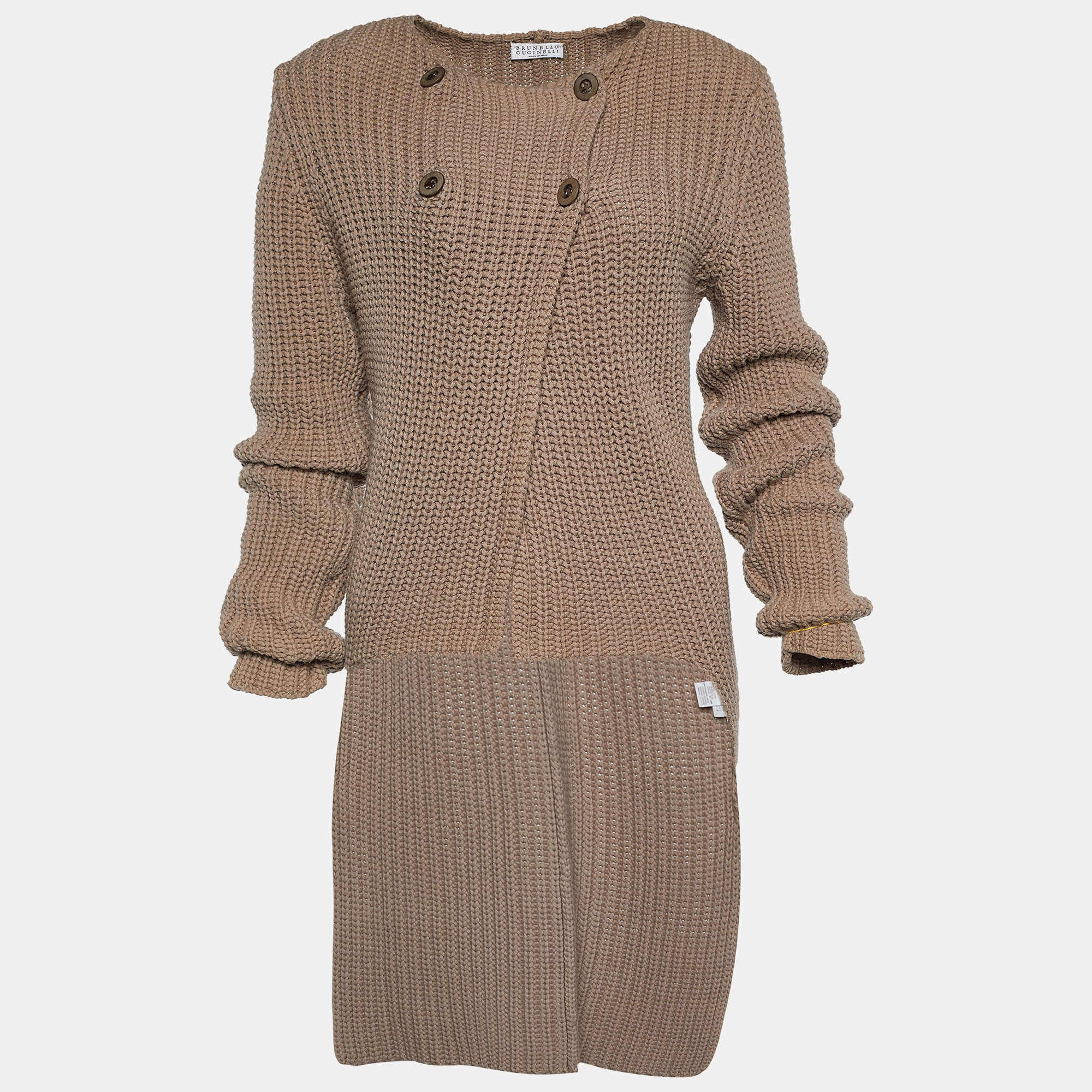 Pre Owned Brunello Cucinelli Brown Chunky Rib Knit High Low Cardigan M