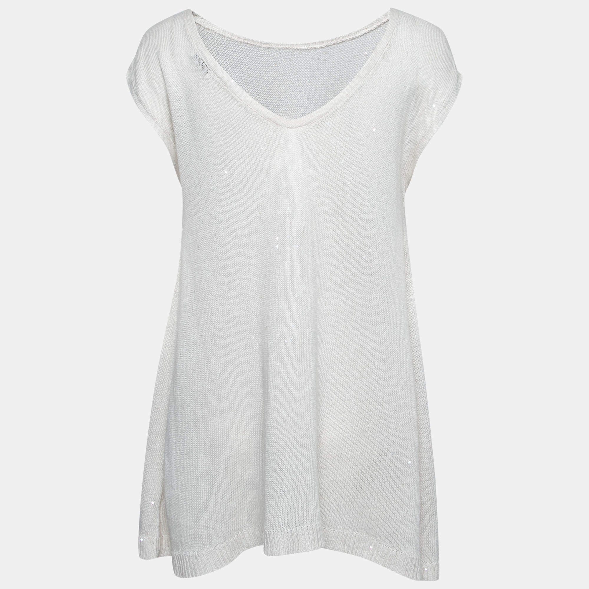 Pre Owned Brunello Cucinelli Off-White Linen Knit Asymmetrical Sweater XL