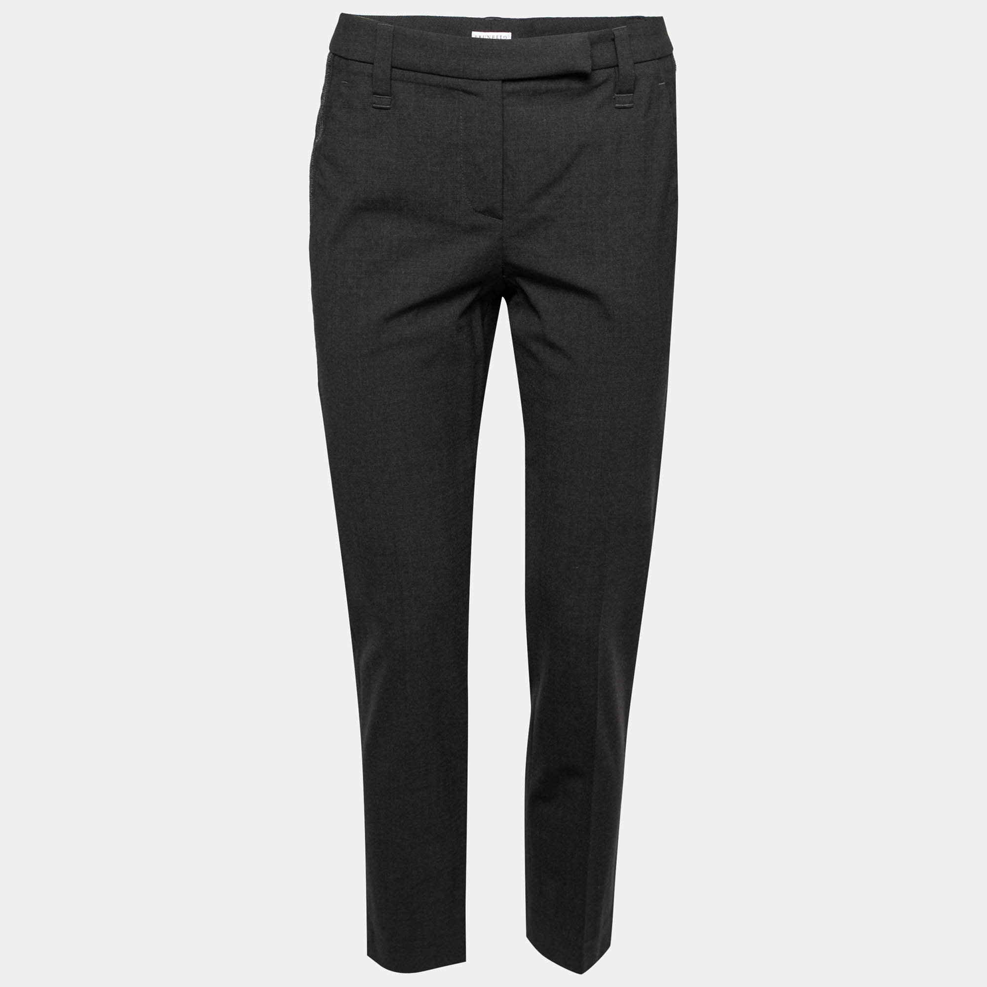 Pre Owned Brunello Cucinelli Charcoal Grey Wool Tapered-Leg Trousers S