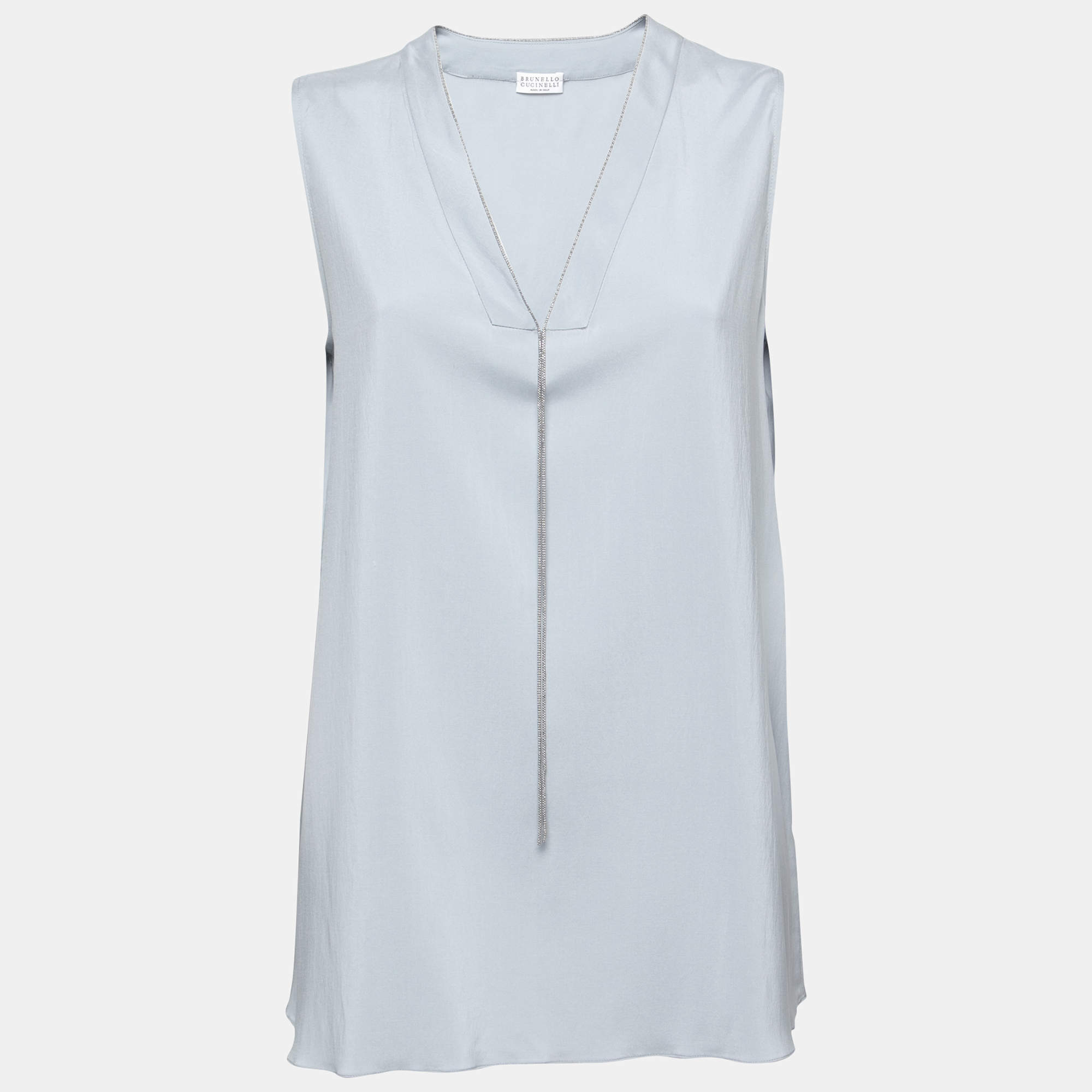 Pre Owned Brunello Cucinelli Grey Silk Beaded Neck Detail Sleeveless Top XL