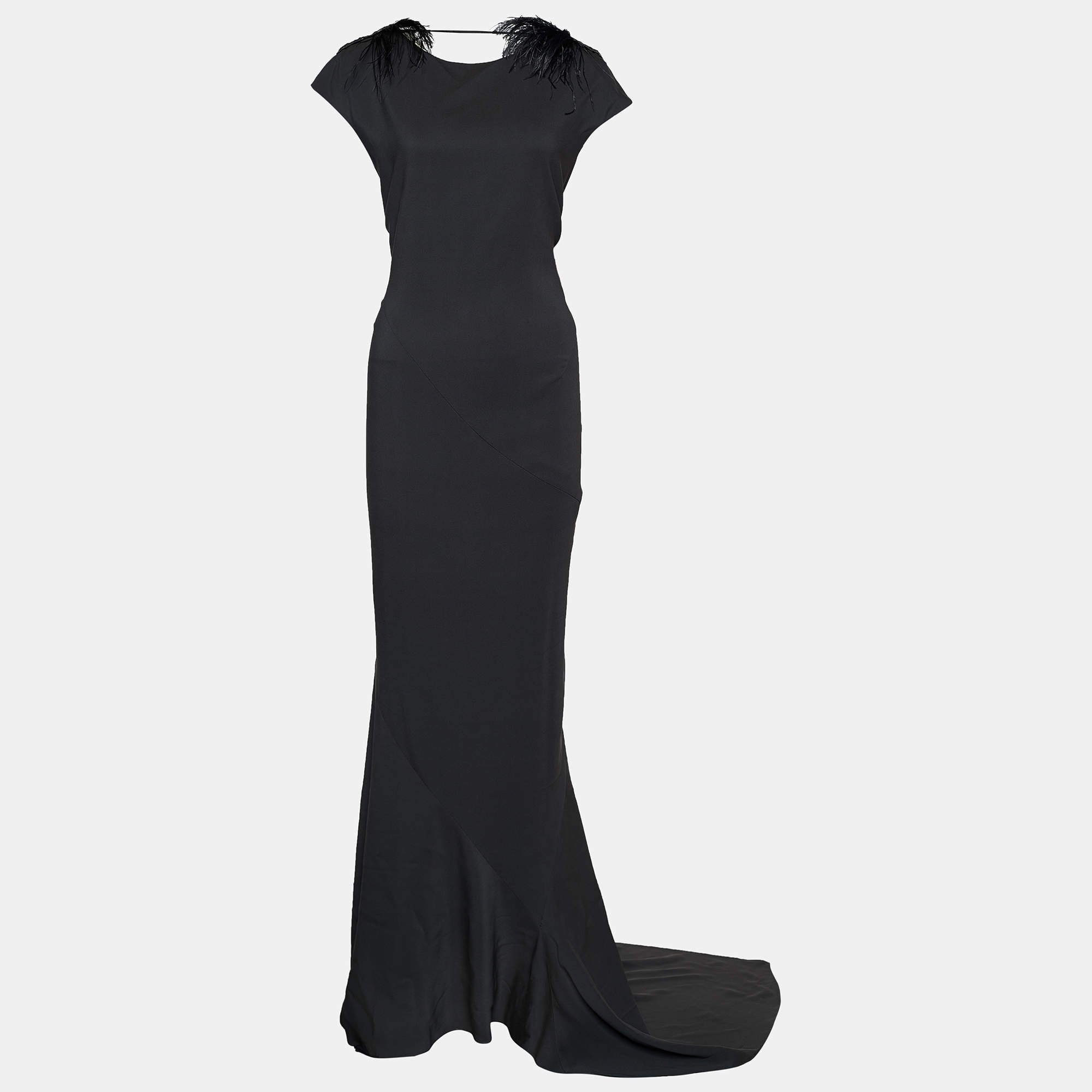 Pre Owned Brunello Cucinelli Dark Grey Crepe Feather Epaulette Detail Maxi Dress S