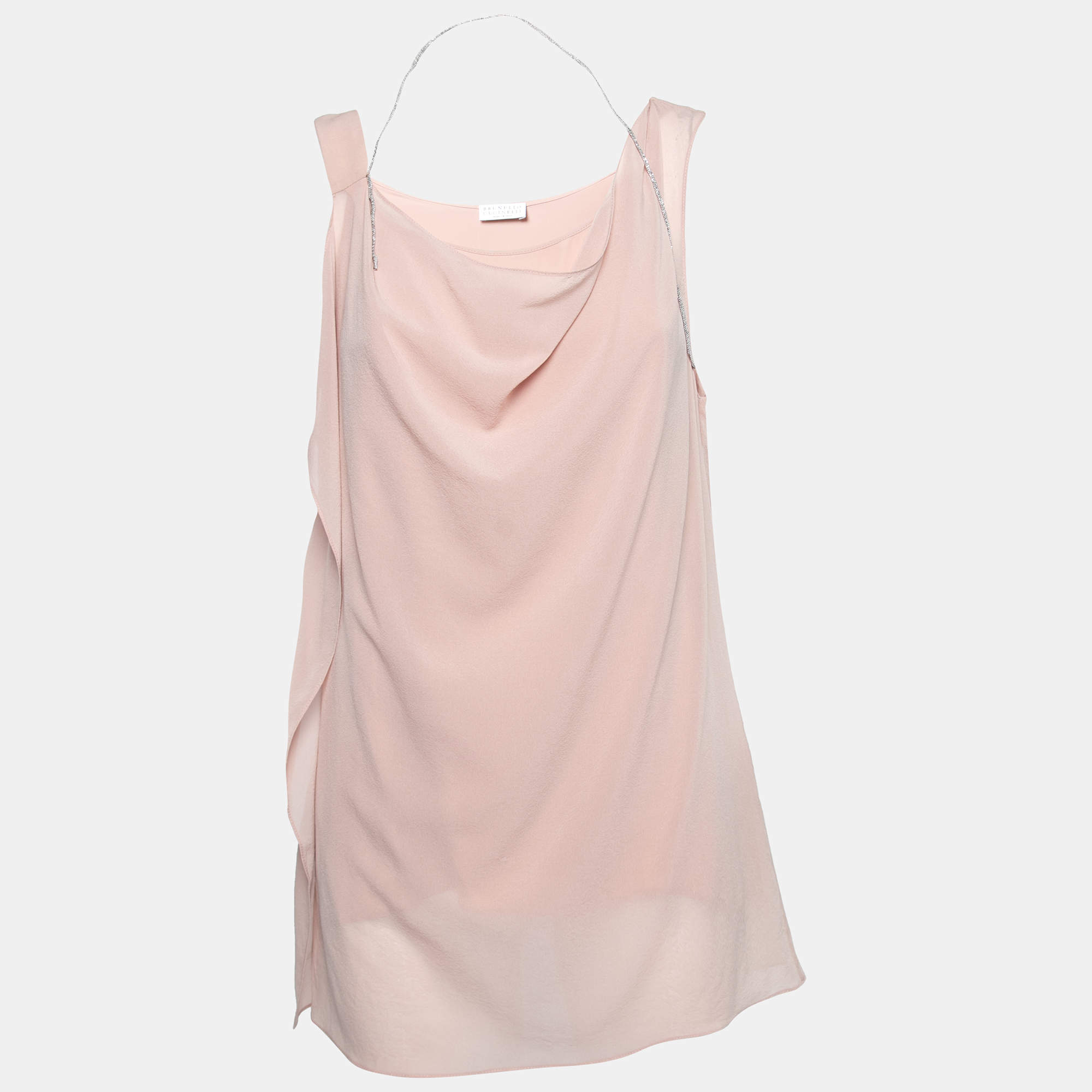 Pre Owned Brunello Cucinelli Light Pink Silk Chiffon Chain Detail Tank Top M