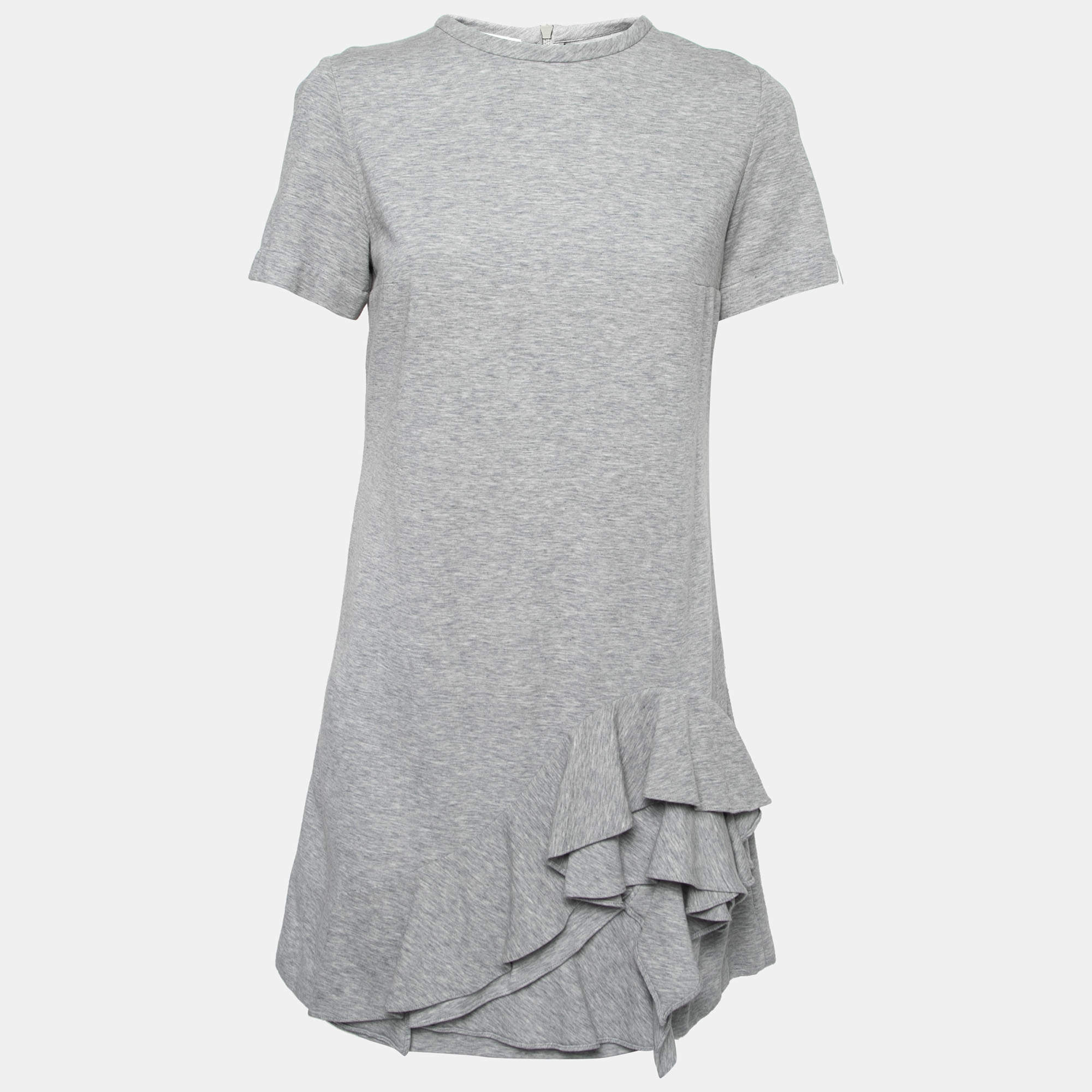 Brunello Cucinelli Grey Stretch-Cotton Layered Ruffle Bottom Dress M   