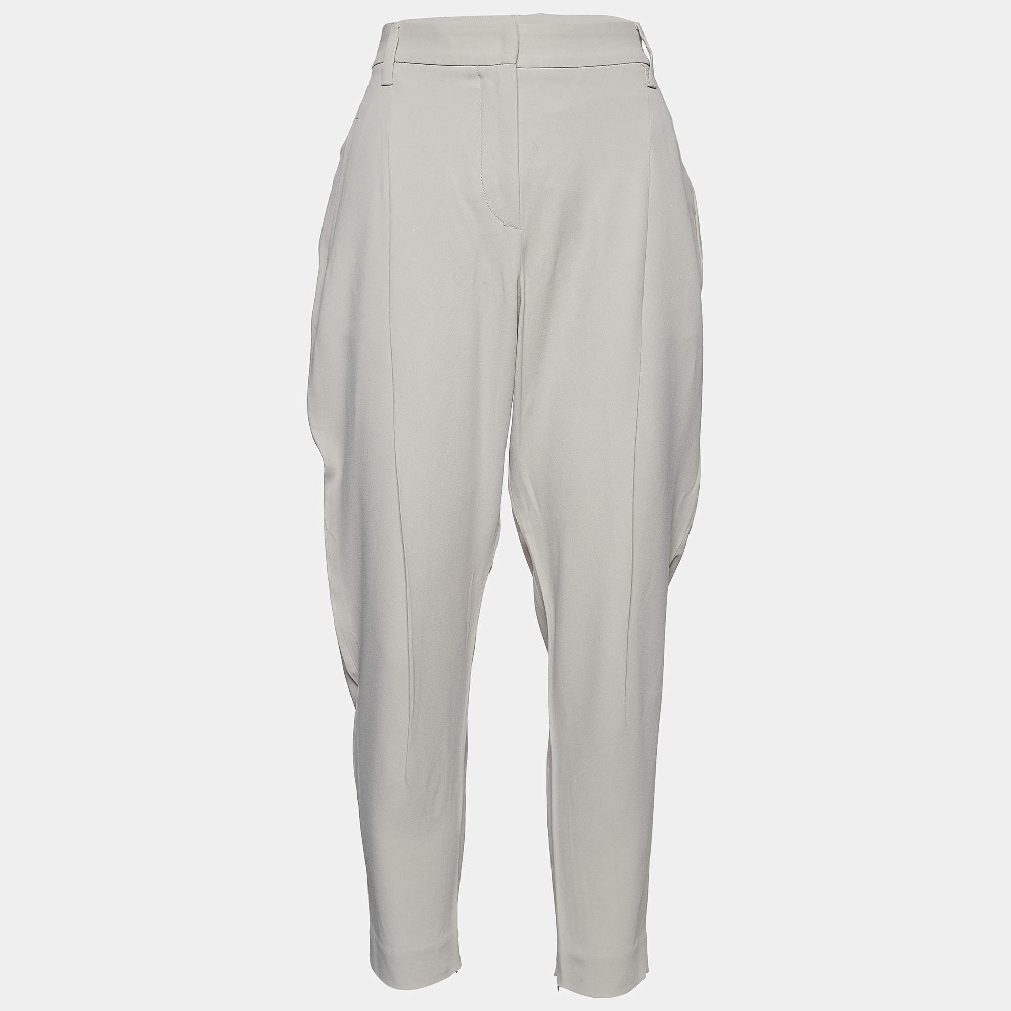 Brunello Cucinelli Pale Grey Crepe Tapered Trousers M Waist 30"