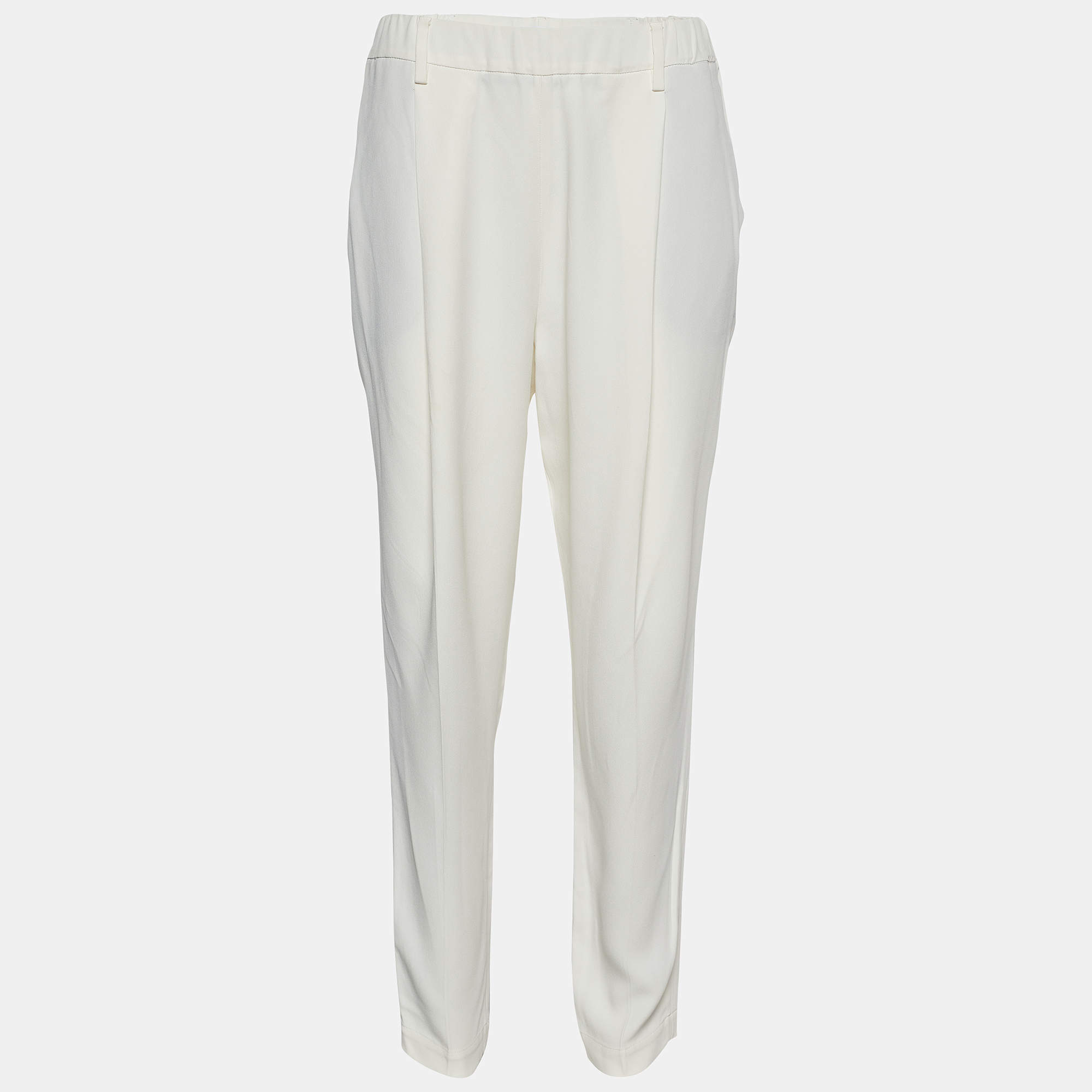 Brunello Cucinelli Ivory Silk Crepe Elasticized Waist Pants M 