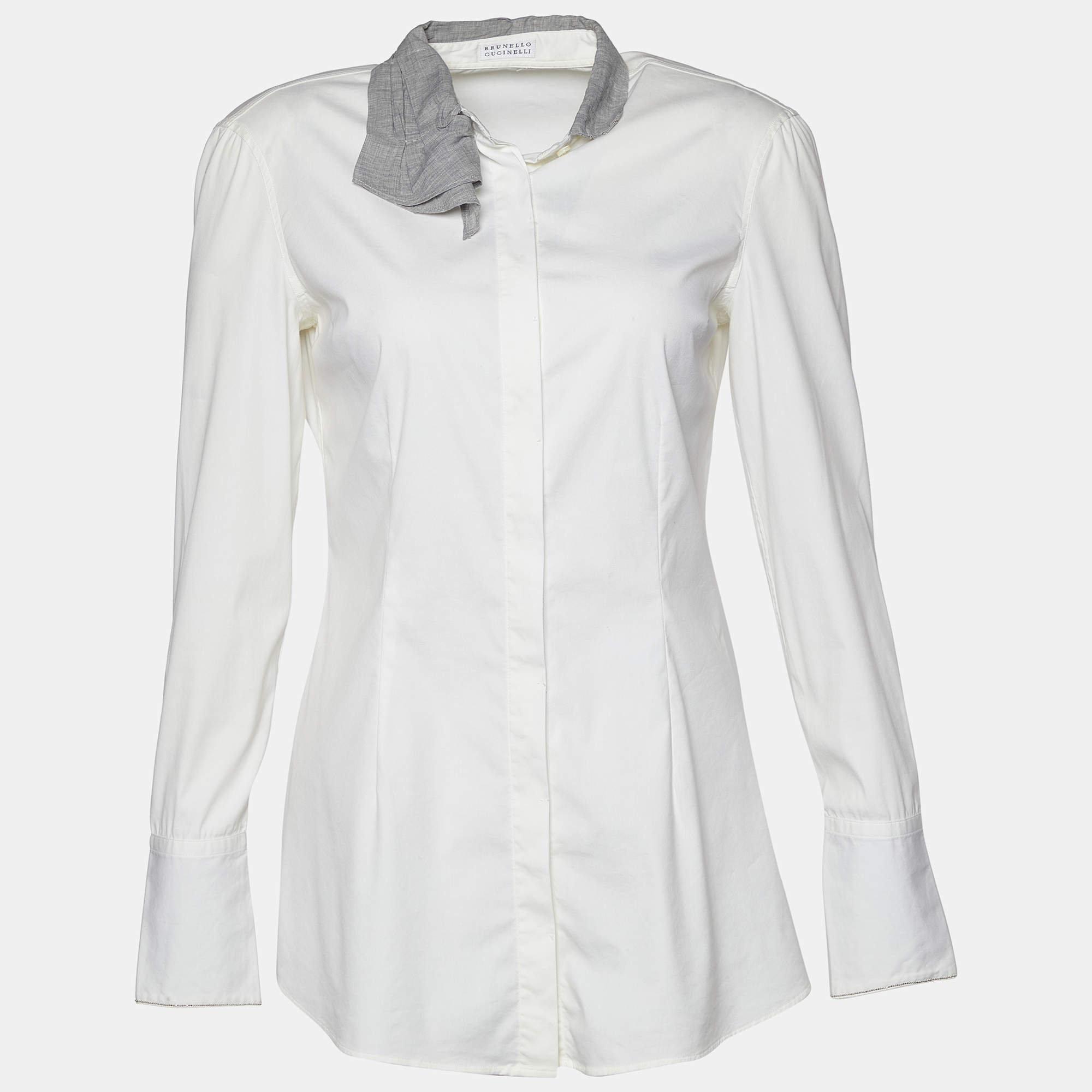 Pre Owned Brunello Cucinelli Off-White Cotton Monili Detail Long Sleeve Shirt S